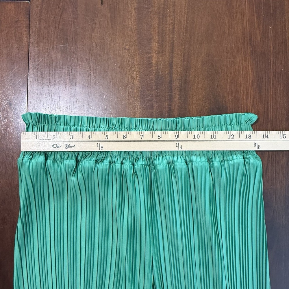 ODDY Womens Pleated Pants Size M Kelly Green Elastic Waist Satin Wide Leg Resort - Picture 6 of 8